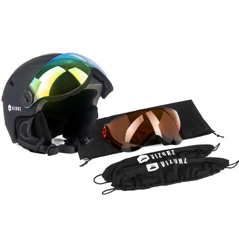 Skihelm Vizorz zwart- Incl hoes, vizier oranje en vizier grijs/goud - Maat L