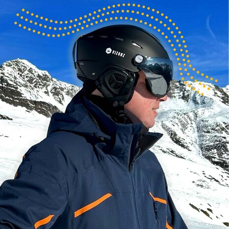 Skihelm Vizorz Lux zwart - Dubbel vizier (zilver en oranje) en hoes - Maat M