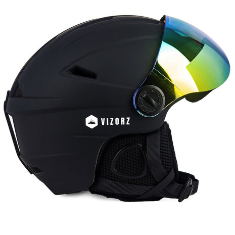 Skihelm Vizorz zwart- Incl hoes, vizier oranje en vizier grijs/goud - Maat L