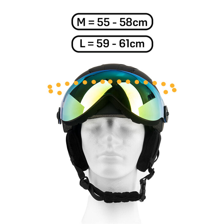 Skihelm Vizorz zwart- Incl hoes, vizier oranje en vizier grijs/goud - Maat L