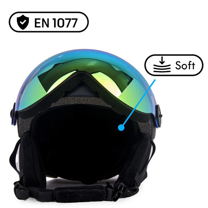 Skihelm Vizorz zwart- Incl hoes, vizier oranje en vizier grijs/goud - Maat L