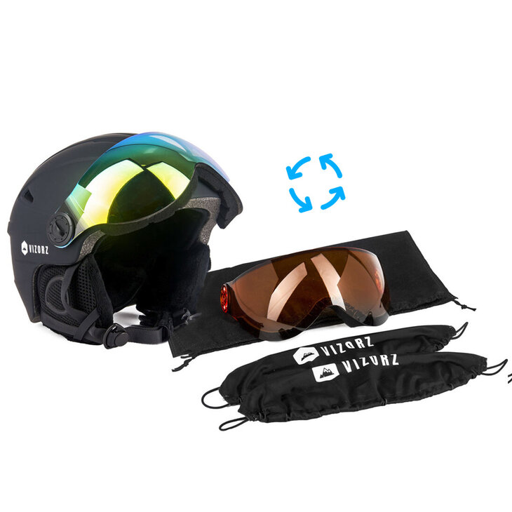 Skihelm Vizorz zwart- Incl hoes, vizier oranje en vizier grijs/goud - Maat L