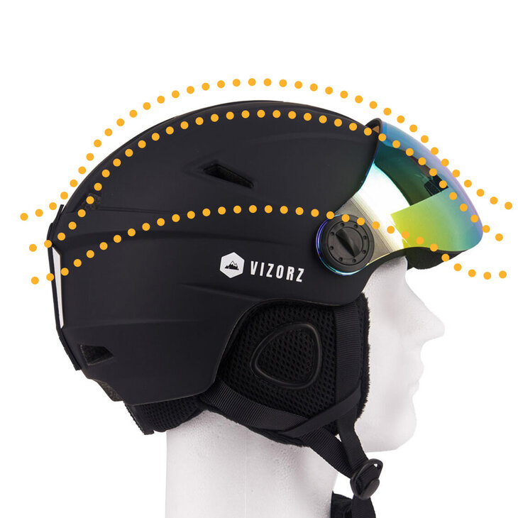 Skihelm Vizorz zwart- Incl hoes, vizier oranje en vizier grijs/goud - Maat L