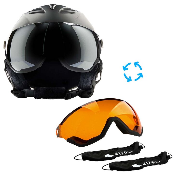 Skihelm Vizorz Lux zwart - Dubbel vizier (zilver en oranje) en hoes - Maat M