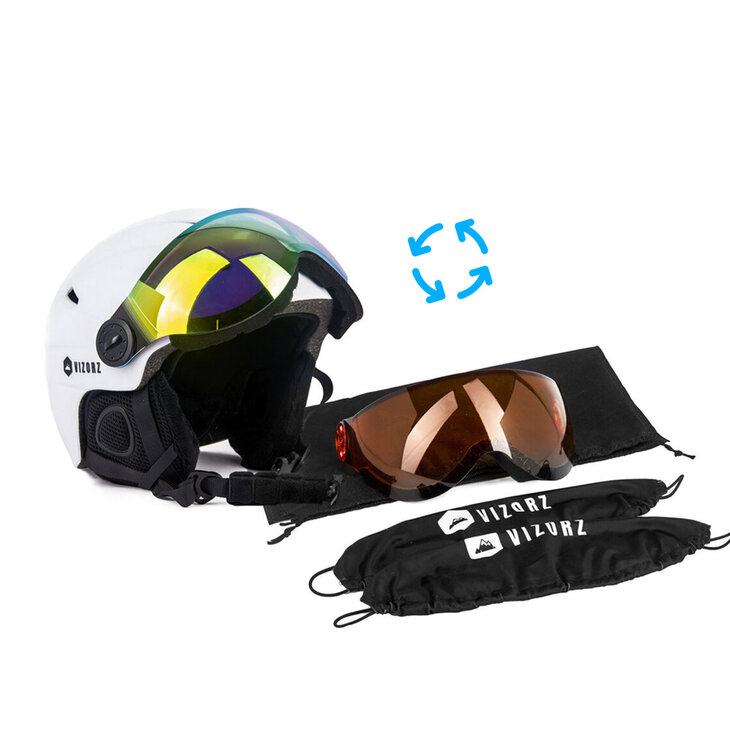 Skihelm Vizorz wit - Incl hoes, vizier oranje en vizier grijs/goud - Maat M